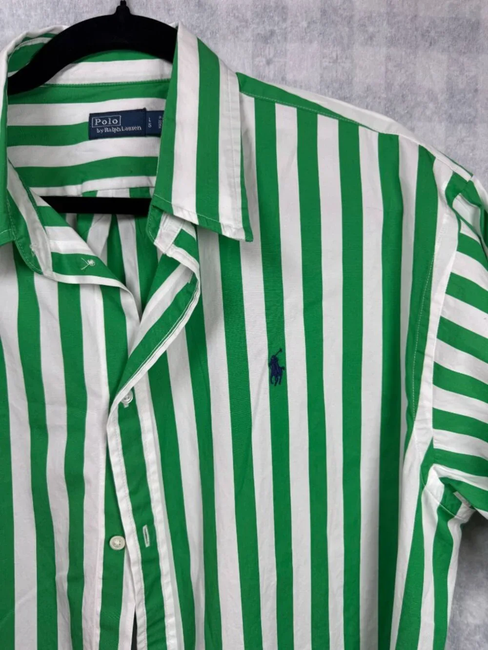 Polo Ralph Lauren Green White Striped Short Sleeve Button-Up Shirt Large Cotton